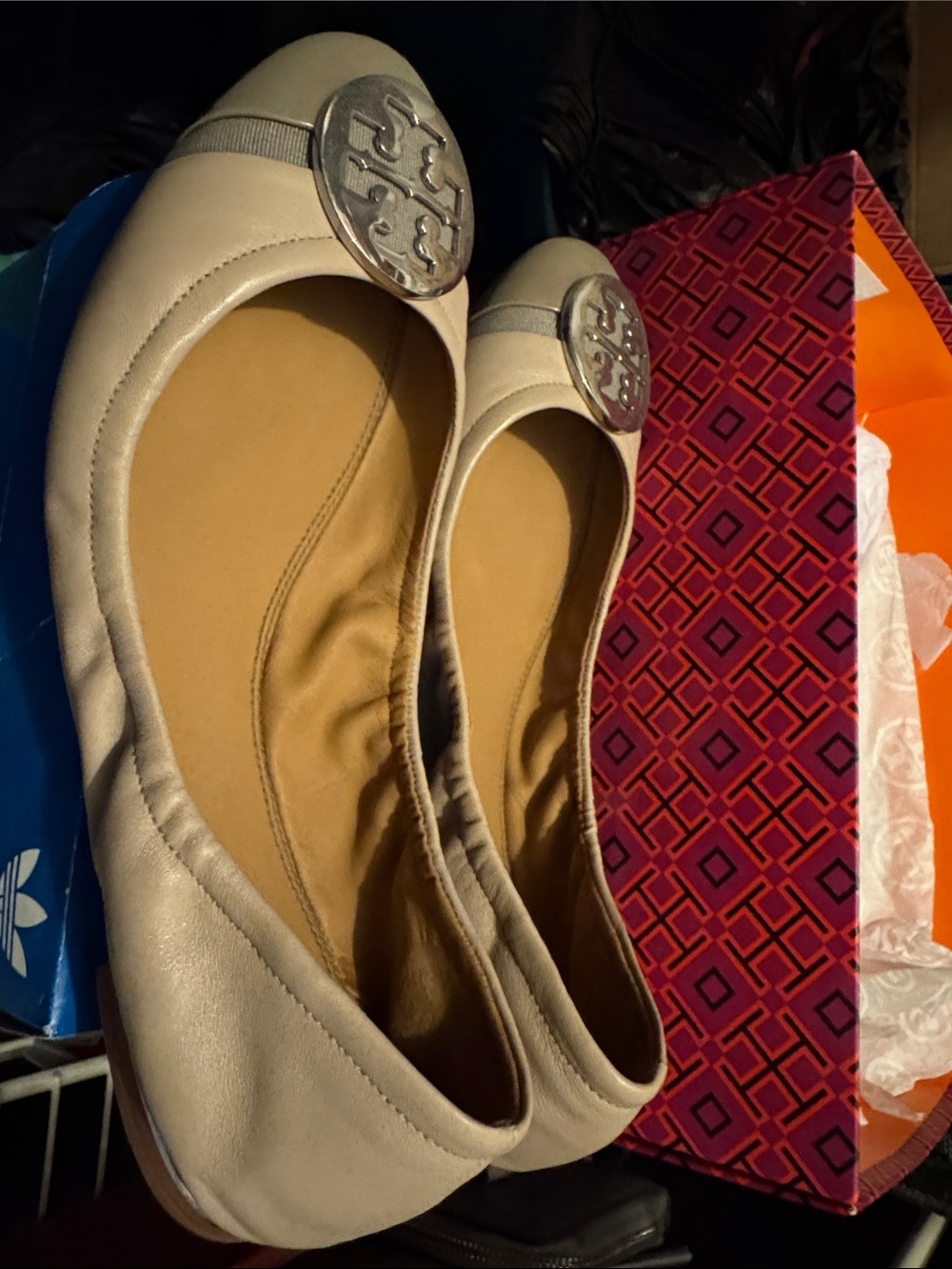 Tory Burch Cream Leather Logo Ballet Flats